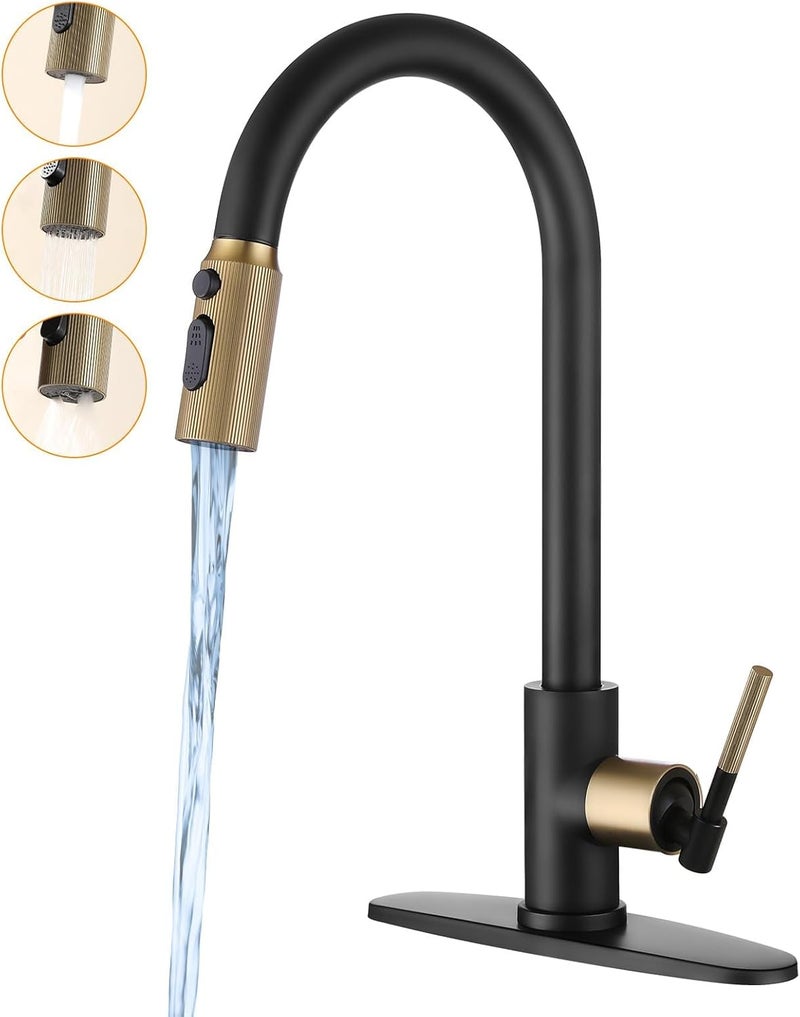 RALANDA Black and Gold Kitchen Faucet for RV & Bar Sink, Stainless Steel Kitchen Faucets with Pull-Down Sprayer Single Handle Gooseneck Design, 1/3 Hole Installation, Matte Black Finish - Image 1